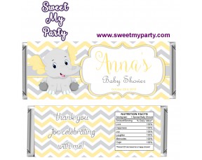 Yellow and grey elephant baby shower candy bar wrappers,(006ebs)